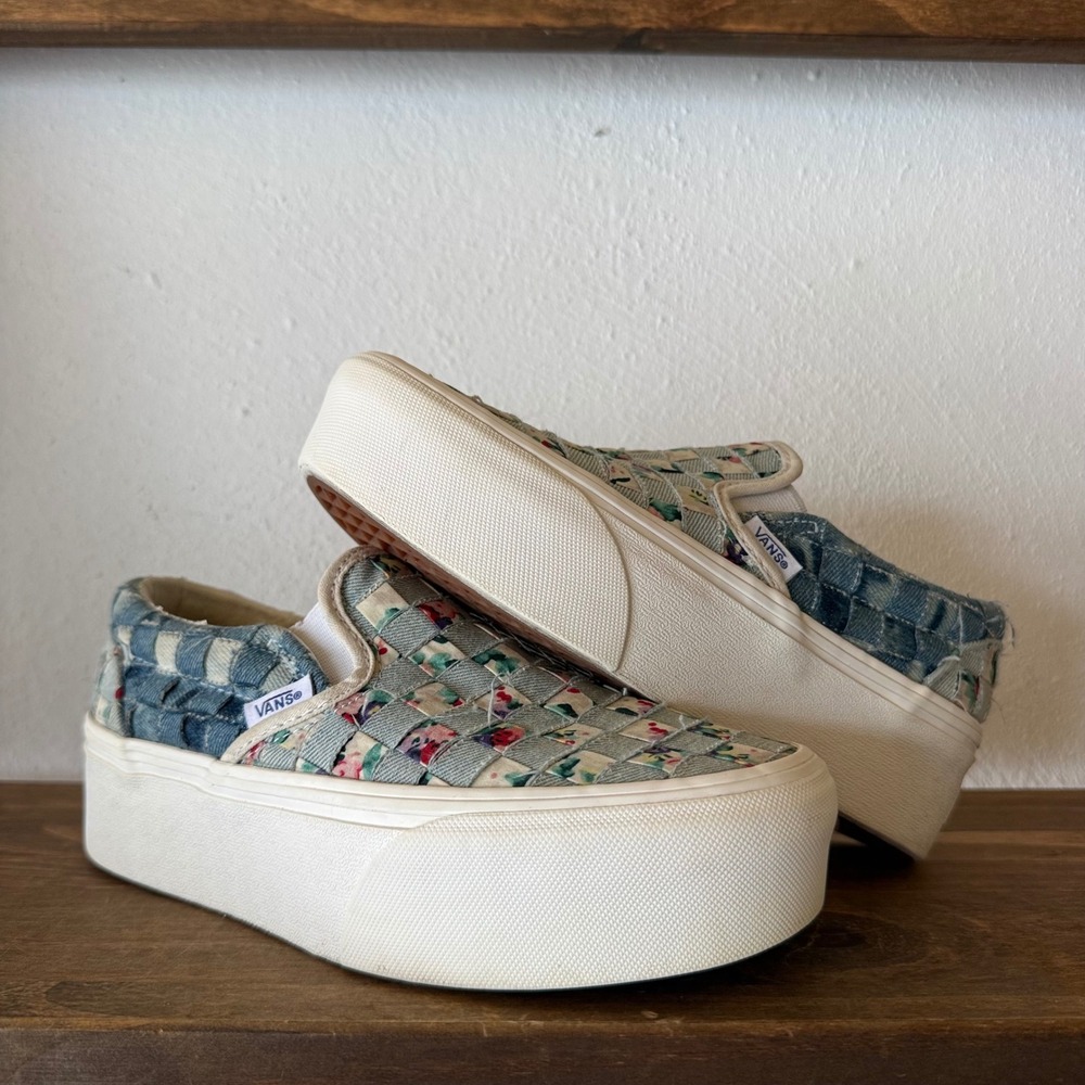 Vans Sneakers Womens 5.5 Slip-On Stackform Woven Floral Denim Platform Shoes